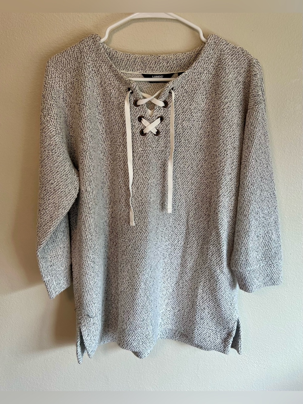 Lands' End Lace-Up Heathered Cream & Black Knit Top